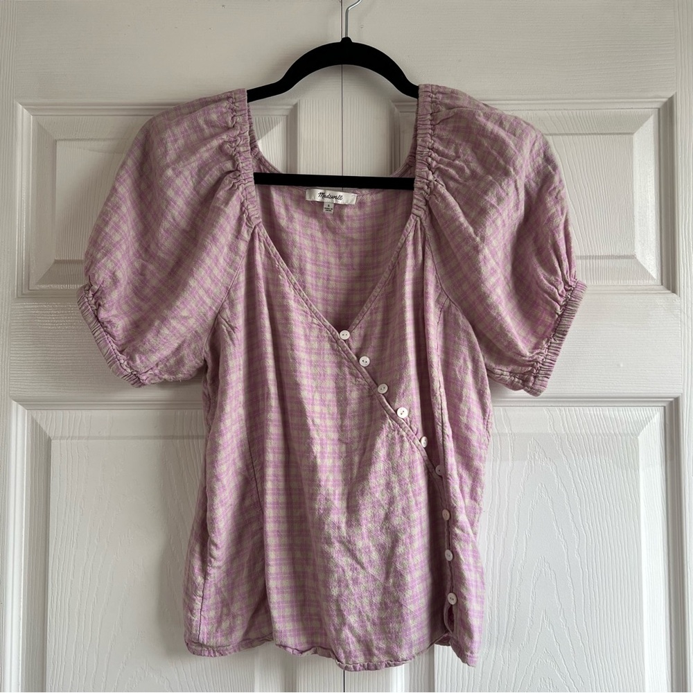 Madewell Linen Blend Puff Sleeve Button Wrap Top Blouse Pink Tan Plaid Milkmaid
